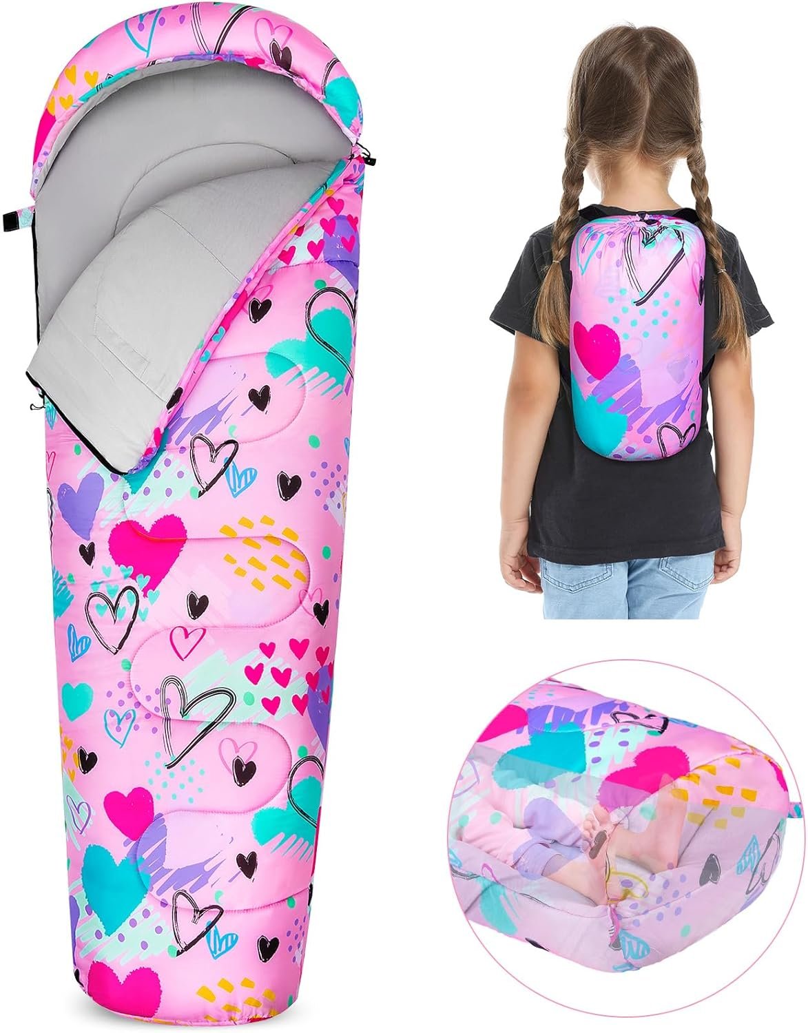 Kids Sleeping Bag for Girls Boys 3 Season Warm & Cool Weather Youth Camping Sleeping Bags with Backpacking Bag Waterproof for Traveling Hiking Indoor Outdoor Camping Essentials